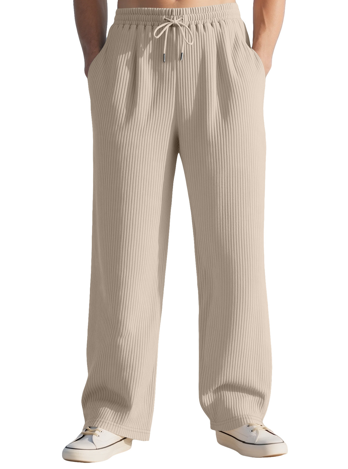 Light khaki wide-leg sports sweatpants with elastic drawstring waistband