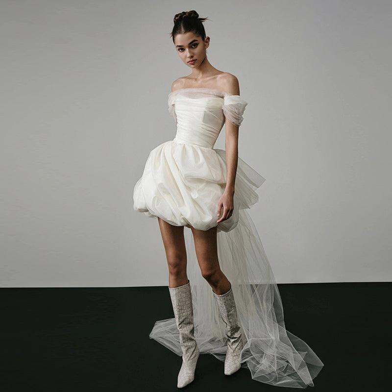 White off-shoulder short wedding dress with layered tulle overlay and puff skirt