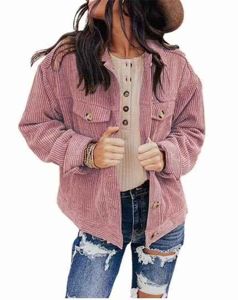 Women's solid color jacket in pink, button front with chest pockets and snap cuffs