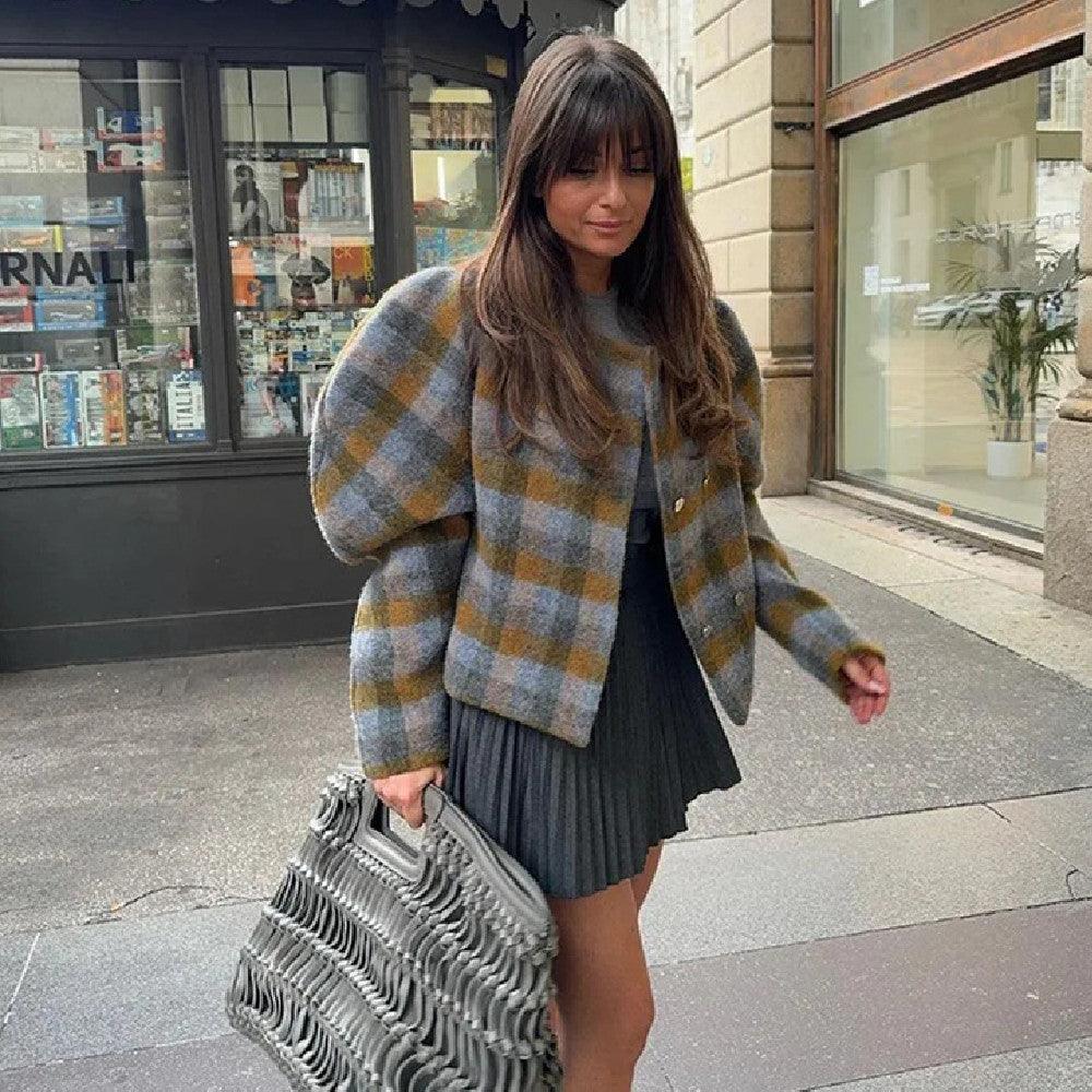 Women’s plaid contrast coat with button front and stand collar, balloon sleeves