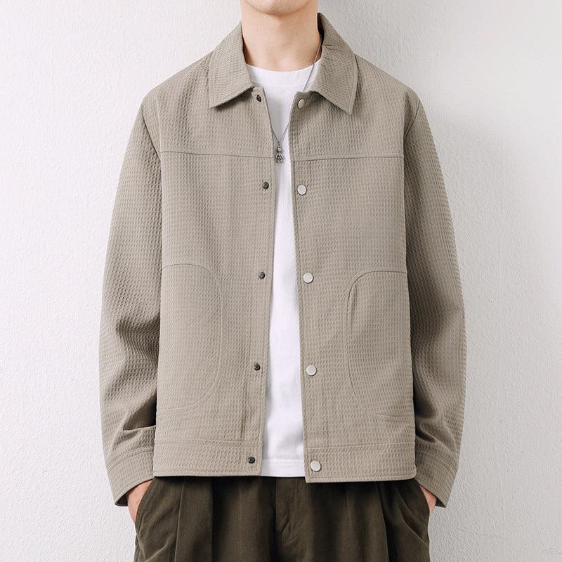 Lapel cardigan jacket in khaki/beige, button-front, chest pockets, textured knit.