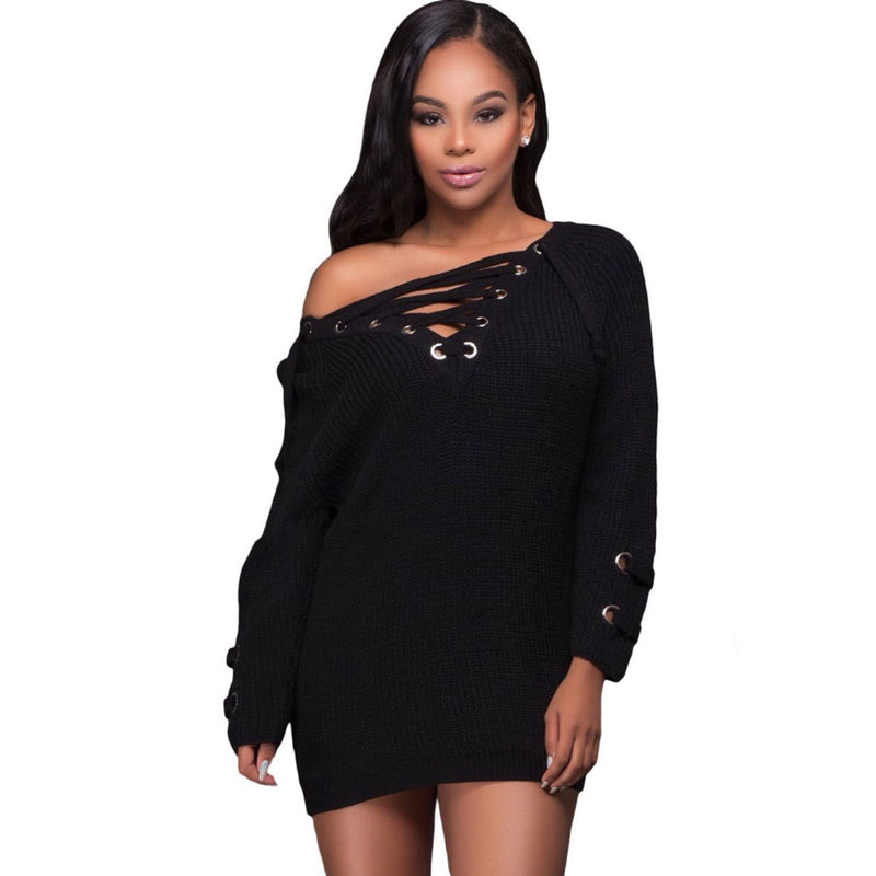 V Neck Mesh Lace Up Sweater Striped Bandage - WOMONA.COM