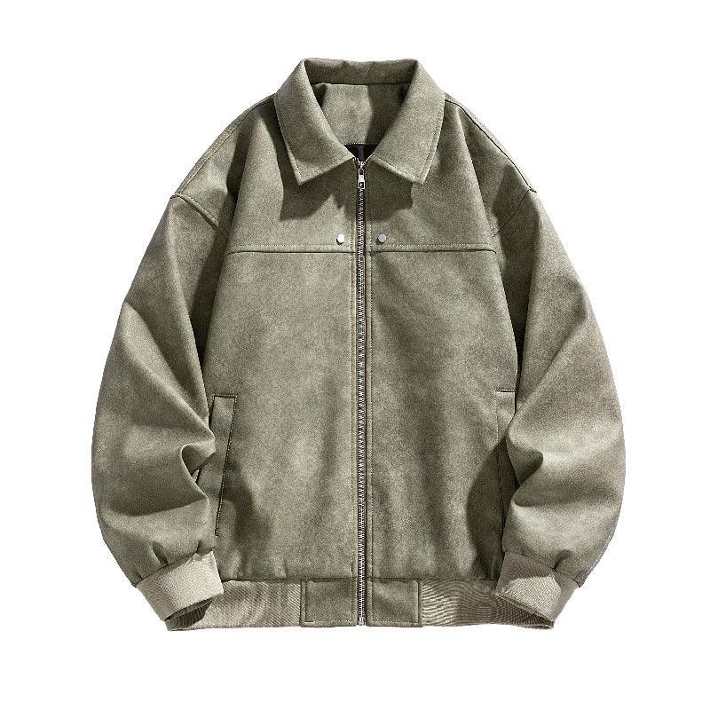Suede-style leather coat with retro lapels, full-zip front, ribbed cuffs, muted green