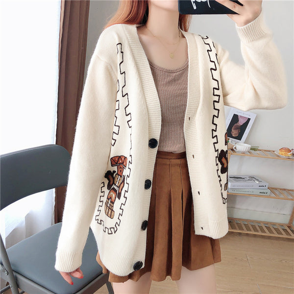 Cartoon Embroidered Loose Knit Cardigan Jacket - WOMONA.COM