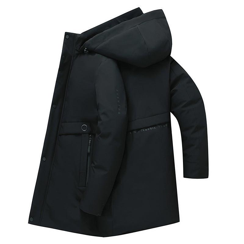 Black mid-length hooded jacket with zip front, utility pockets, and drawstring waist