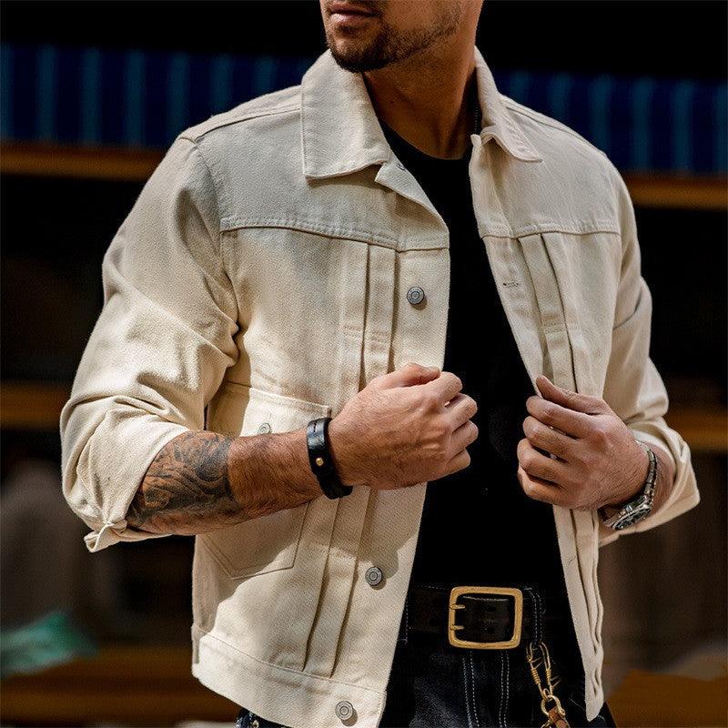 Beige slim-fit denim coat with button front and flap chest pockets