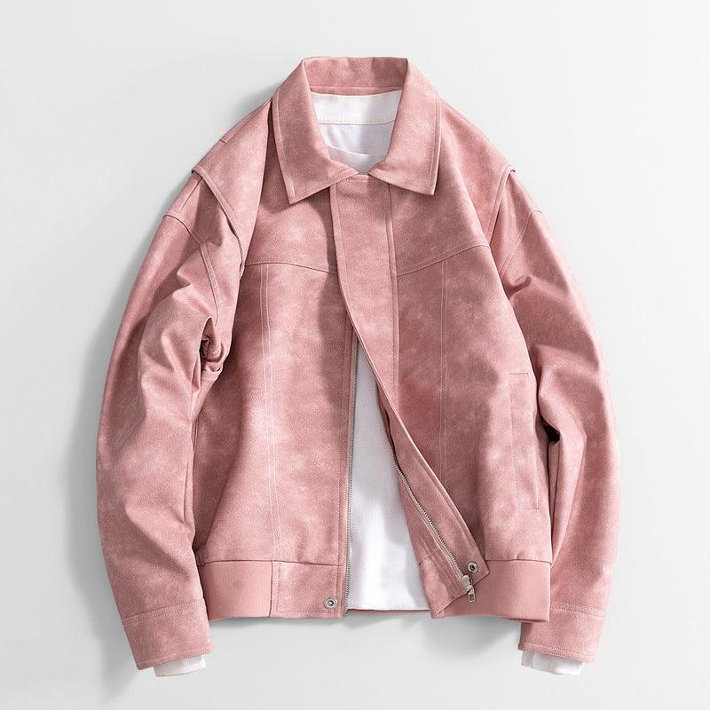 Men's PU leather jacket, dusty pink, stand collar, asym zipper chest pocket