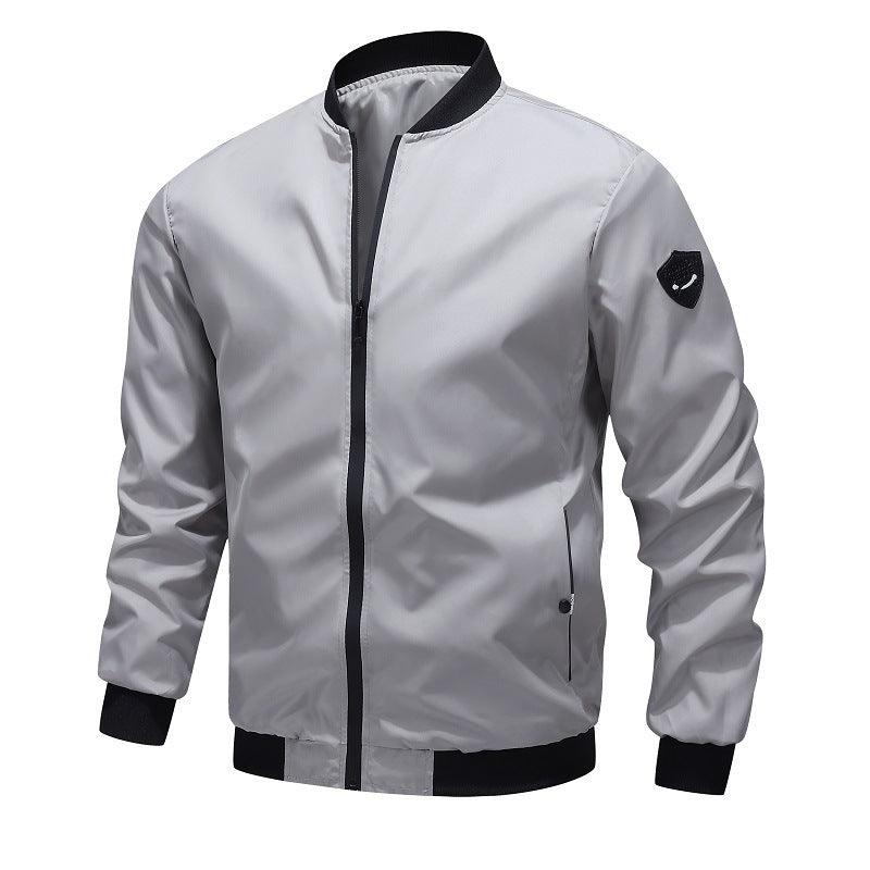 Light gray men's bomber coat with stand collar, full zip, ribbed cuffs, side pockets