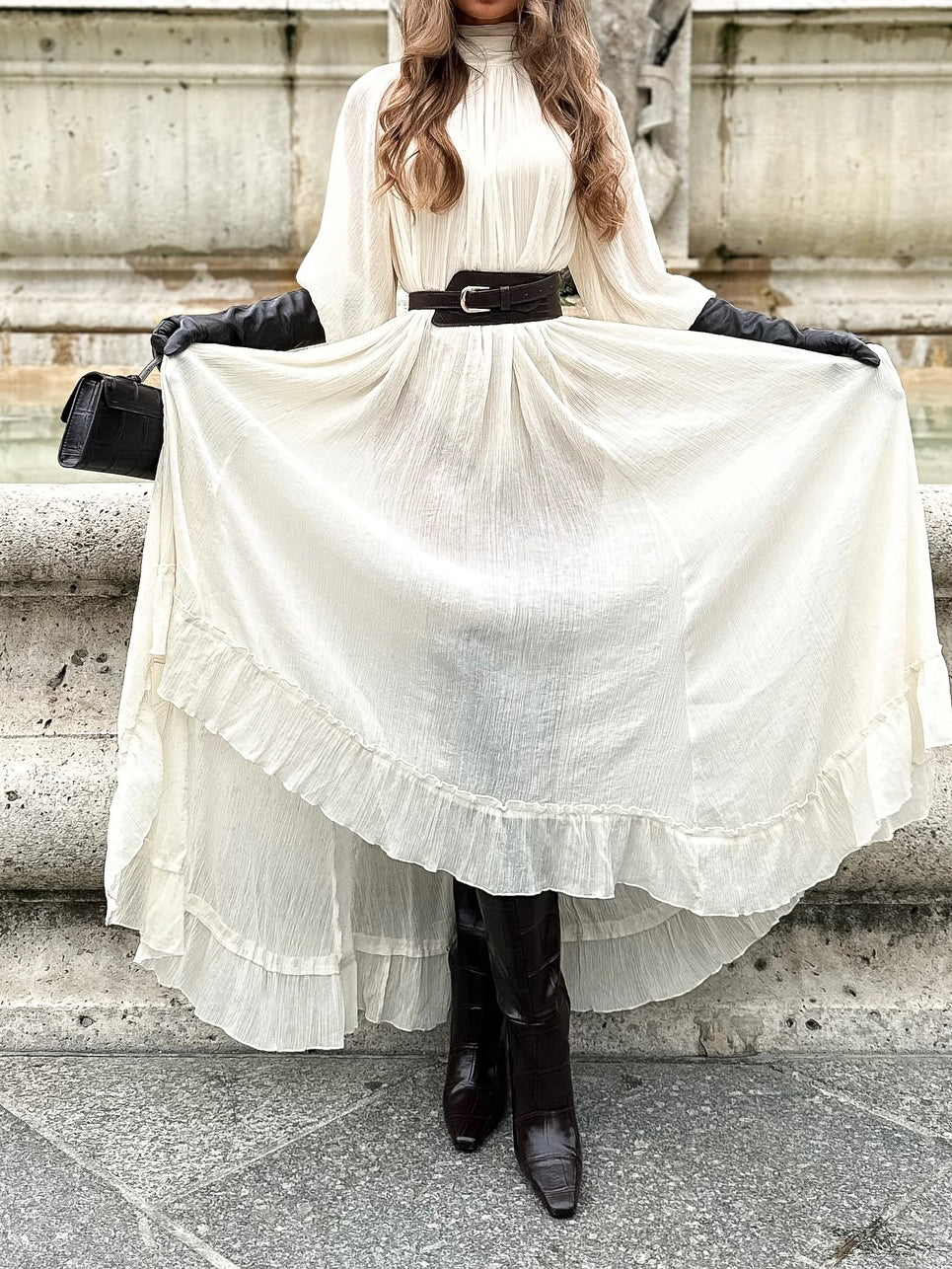 Women's White Long-Sleeve Ruffled Tie Maxi Dress