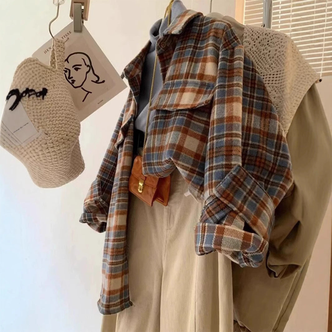 Women's brushed colorblock plaid flannel shirt