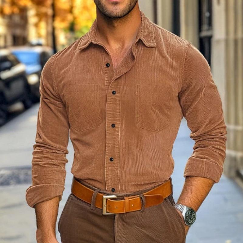 Men's corduroy button-up shirt in dark brown with two chest flap pockets
