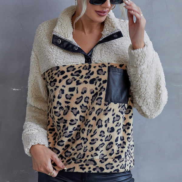 Plush Leopard Print Color Block Casual Sweater - WOMONA.COM