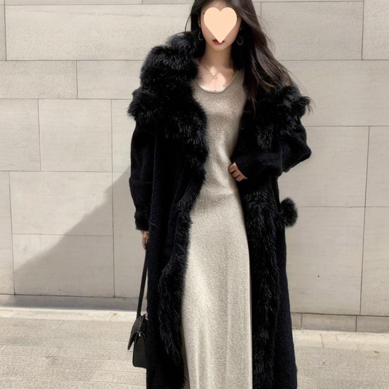 Black long lapel sweater coat with fluffy collar and open front, textured faux-fur look