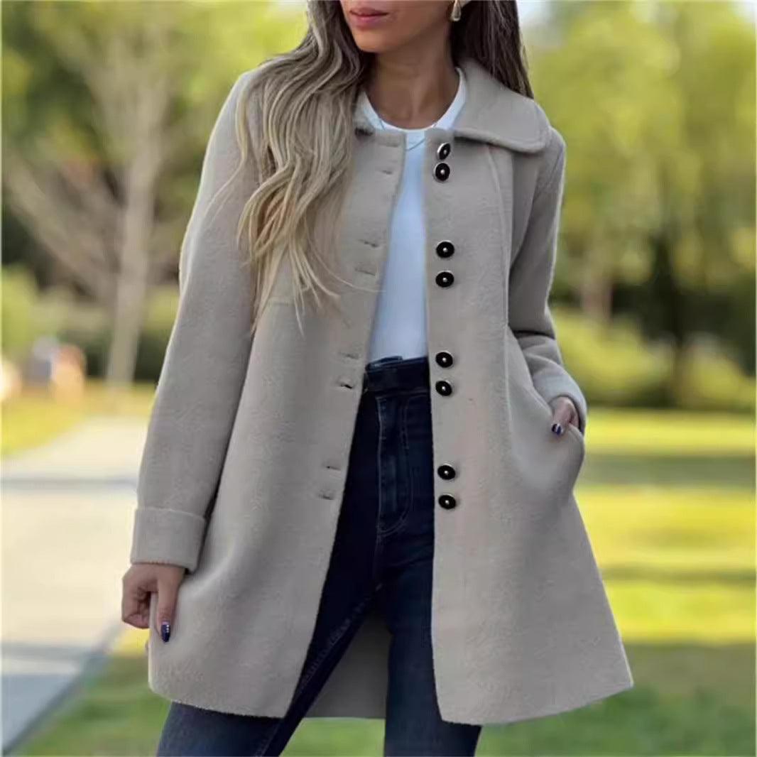 Women’s fleece thermal jacket, light gray, stand collar, single-breasted button front
