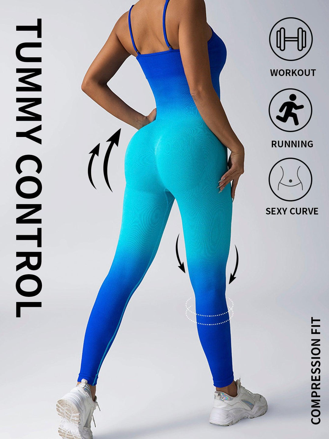 Blue seamless workout jumpsuit with scoop back and long sleeves, full-length legs