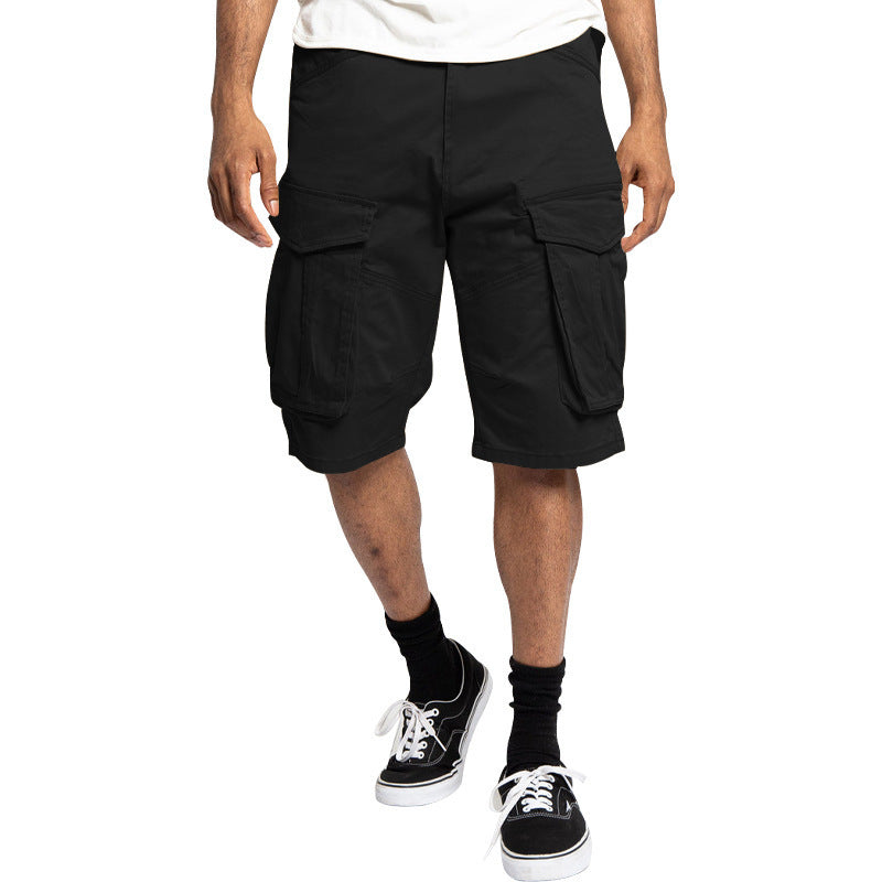 Men's black cargo shorts with flap side cargo pockets