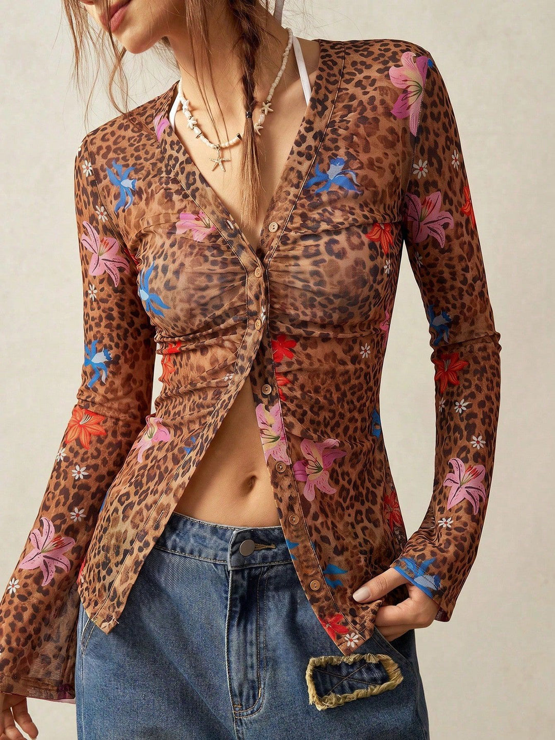 Women's brown leopard floral button-front long-sleeve blouse with tie waist detail