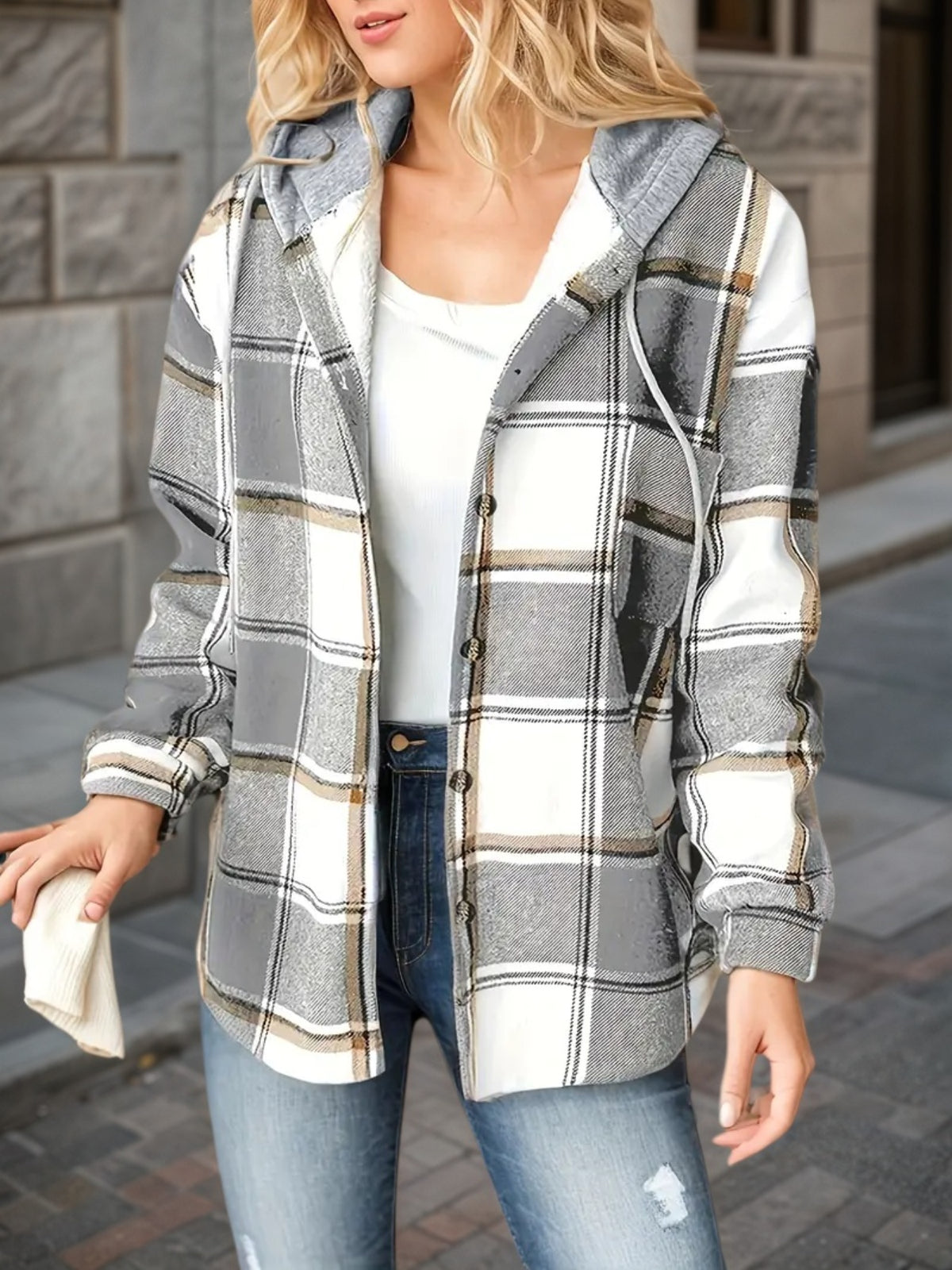 Grey plaid hooded drawstring jacket with front snap buttons