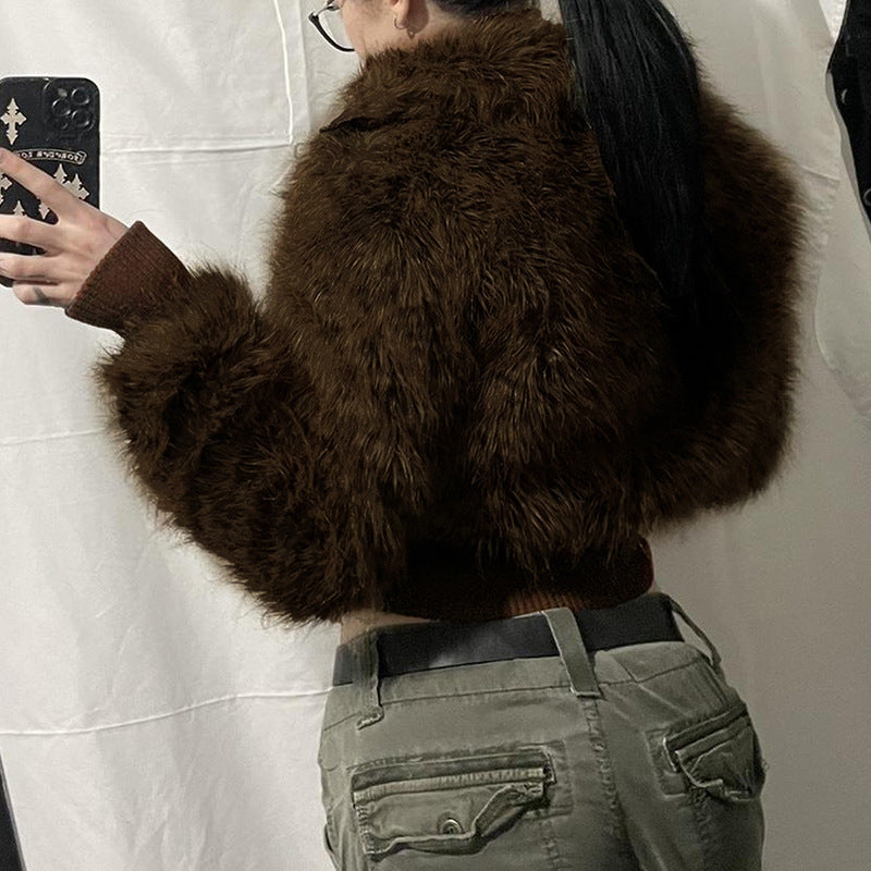 American Street Style Lapel Patchwork Furry Short Coat - WOMONA.COM