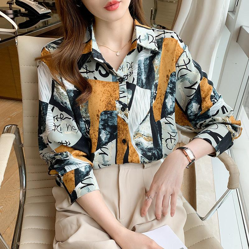 Printed Long-sleeved Shirt Women Loose Design Blouse - WOMONA.COM