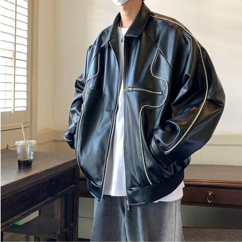 Men's Temperament Zipper Fashion Lapel Leather Coat - WOMONA.COM