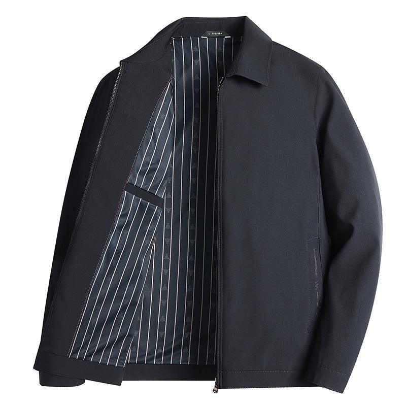 Men's business casual jacket in dark navy, stand collar, front zipper, striped lining
