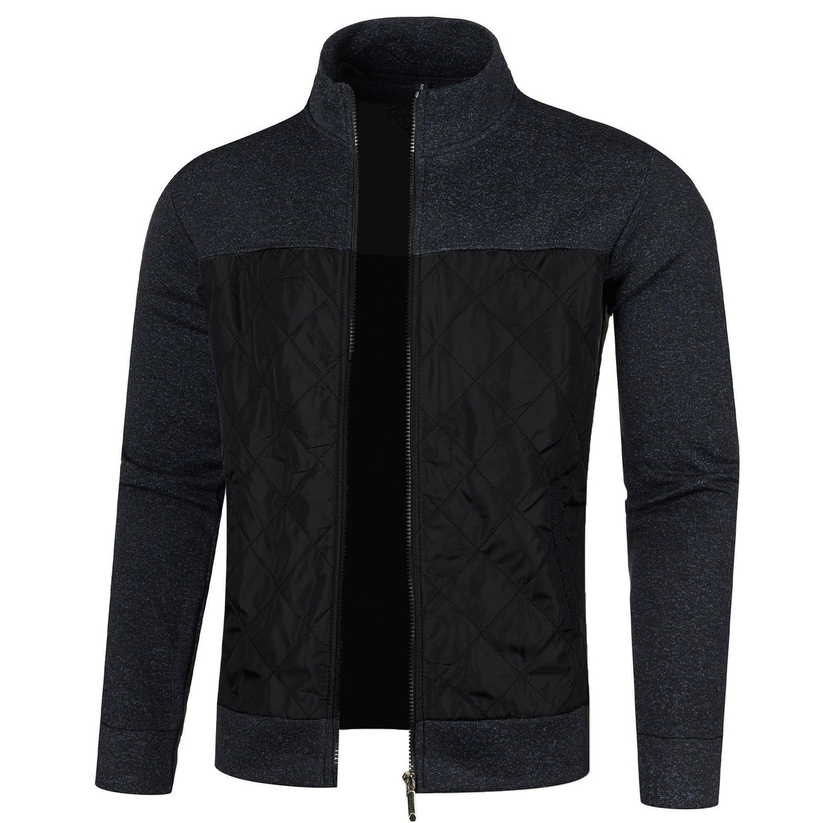 Men's zip cardigan jacket with stand collar, black quilted front with heather jacket panels