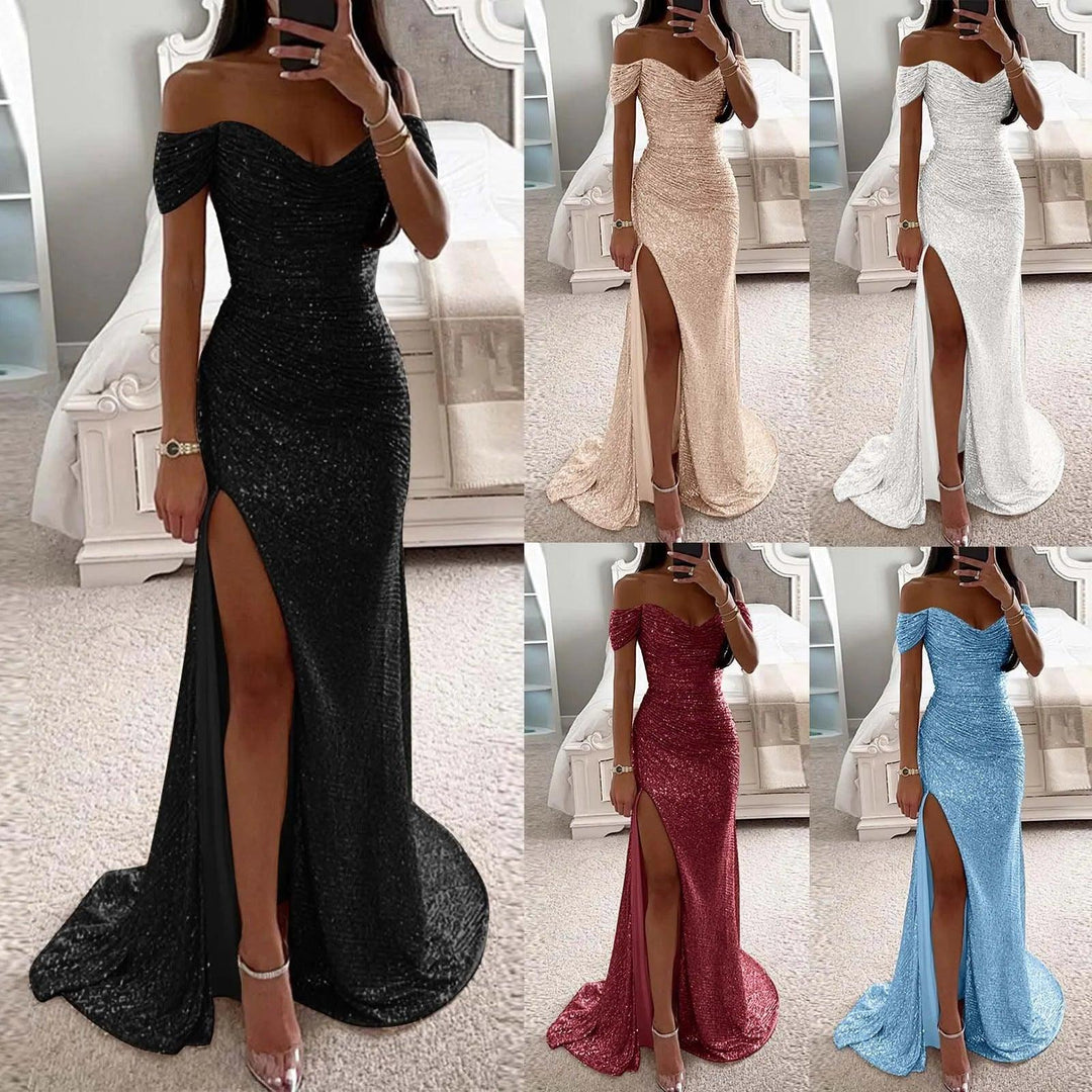 Black sparkling off-shoulder slit evening dress with long flared train