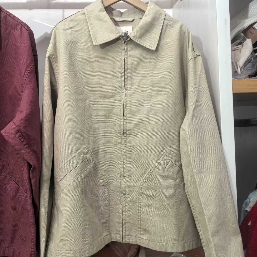Men's casual zip-up jacket in dark beige, collared with front zipper and side pockets.
