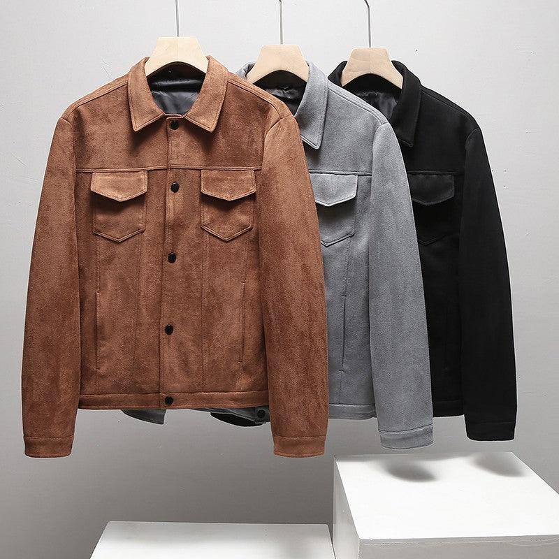 Brown button-front jacket with pointed collar and two chest flap pockets, long sleeves