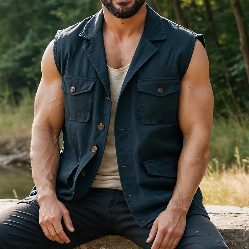 Navy sleeveless button-front vest, chest and waist pockets visible