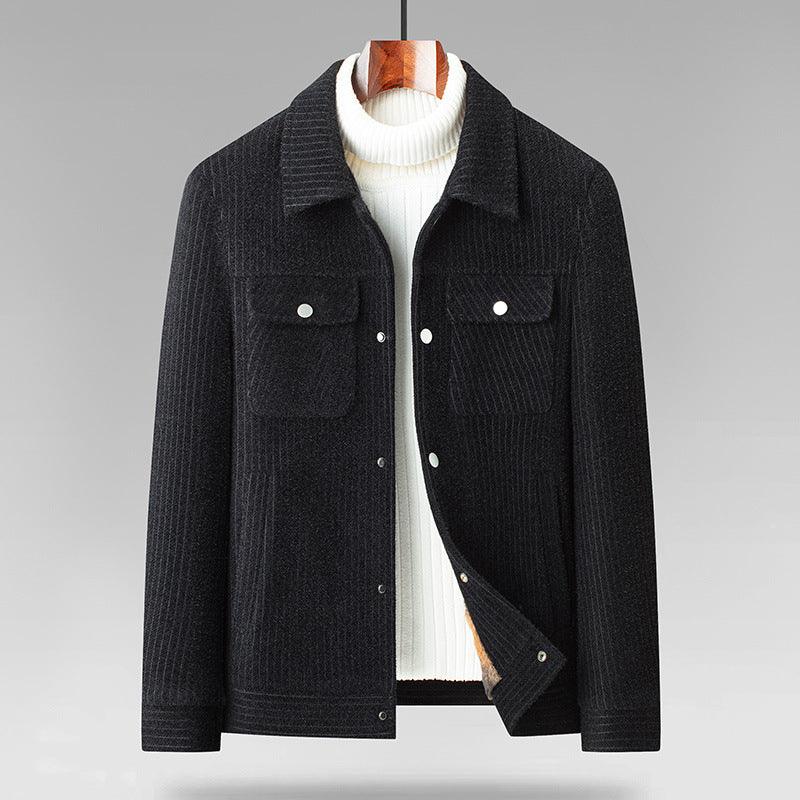 Men's black fleece-lined coat, snap-front with chest pockets and knit collar.