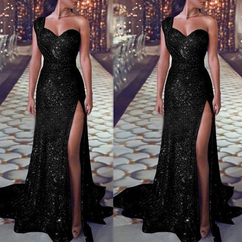 One-shoulder Sleeveless Bronzing Split Dress - WOMONA.COM