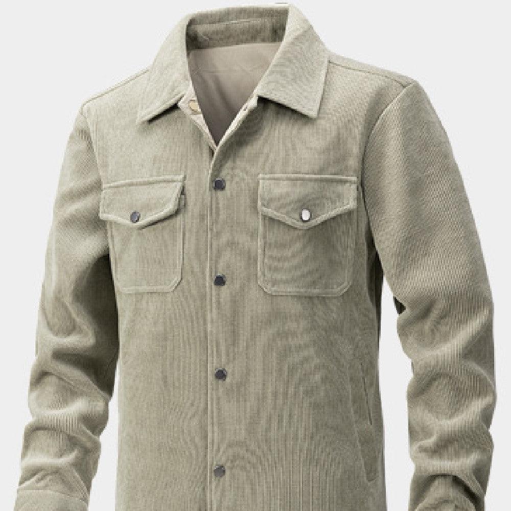 Light green corduroy men's jacket with button front and two chest flap pockets