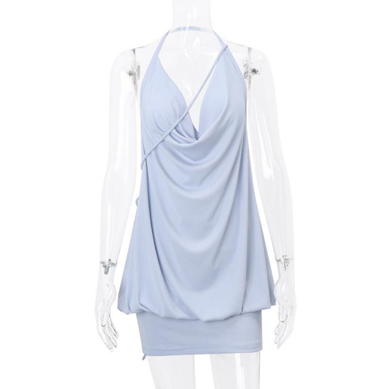 Collar Pleated Backless Lace Up Sheath Halter Dress - WOMONA.COM