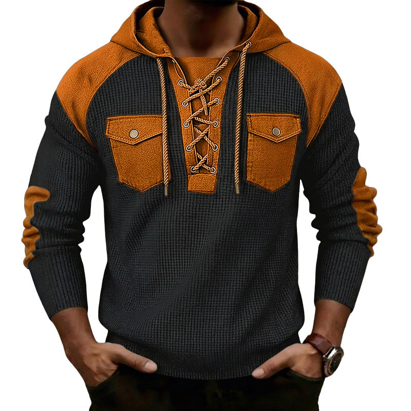 Men's waffle-weave hooded sweatshirt, dark charcoal body with brown chest pockets and lace-up hood