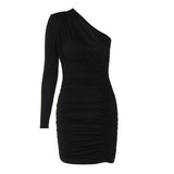 Slim-fit Pleated One-shoulder Long Sleeve Narrow Dress - WOMONA.COM