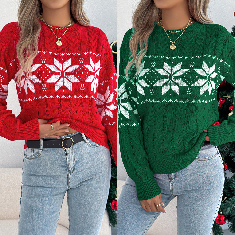 Women's European and American Snowflake Pattern Lantern Long-Sleeve Pullover Sweater