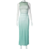 Round Neck Sleeveless Tie-dyed Mesh Long Dress - WOMONA.COM