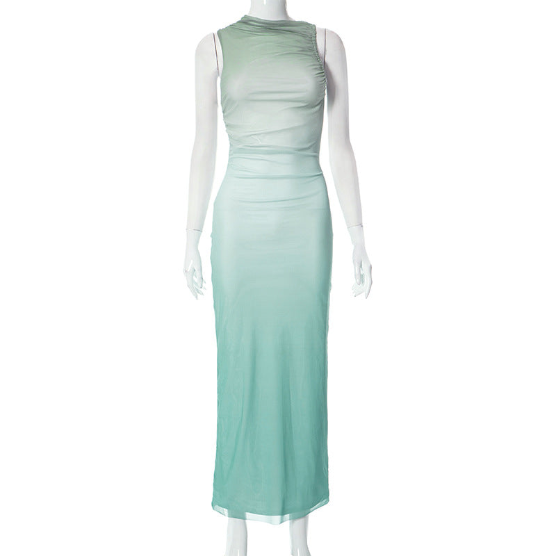 Round Neck Sleeveless Tie-dyed Mesh Long Dress - WOMONA.COM