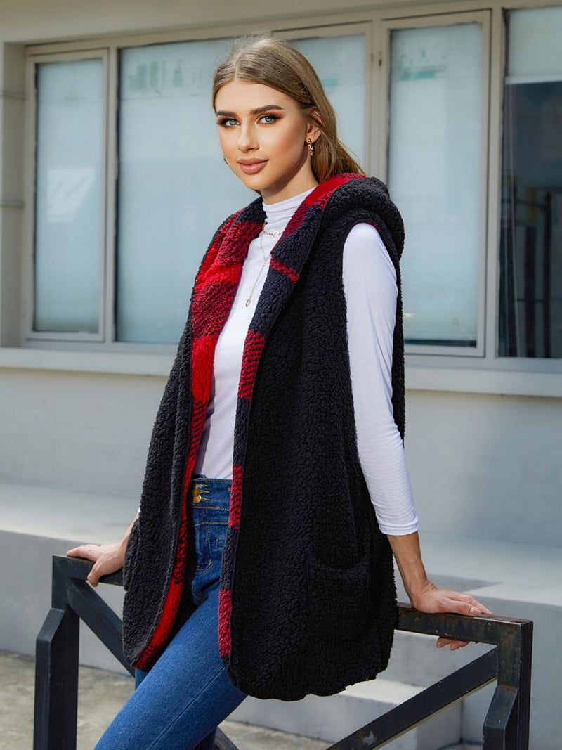 Cardigan Plaid Plush Vest Coat For Women - WOMONA.COM