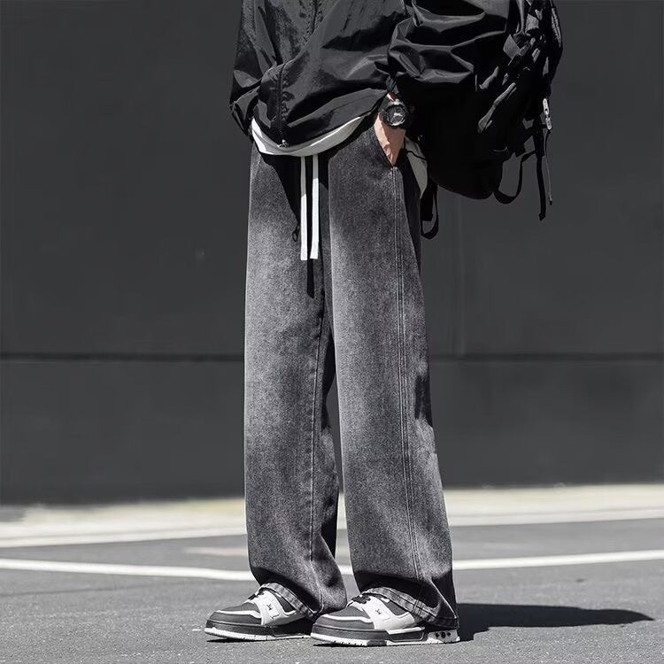 Men's washed distressed straight-leg jeans