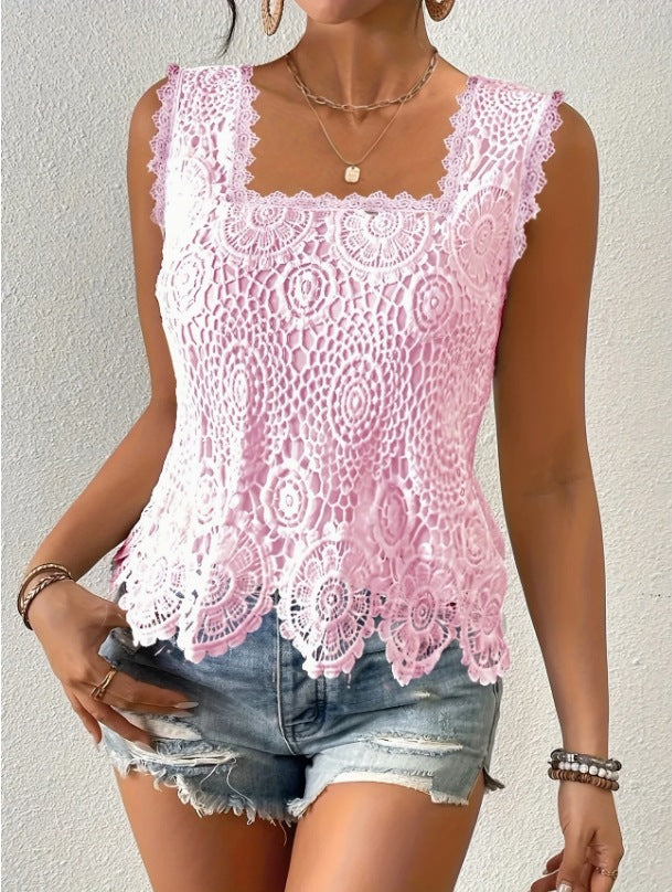 Women’s sleeveless square-neck lace hollow-out top, pale pink with scalloped lace cap sleeves