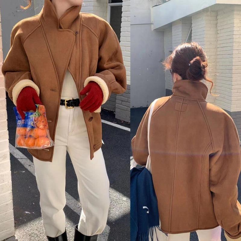 Brown reverse lamb wool coat with shearling collar and button front, long sleeves