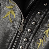 Fashion Rivet Flower Embroidered PU Leather Jacket - WOMONA.COM