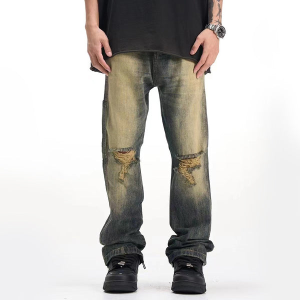 Old Ripped Cement Yellow Jeans For Men - WOMONA.COM