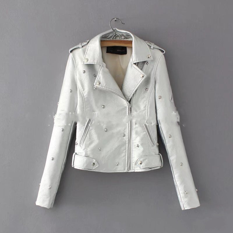 Women's leather jacket with rivet locomotive - WOMONA.COM