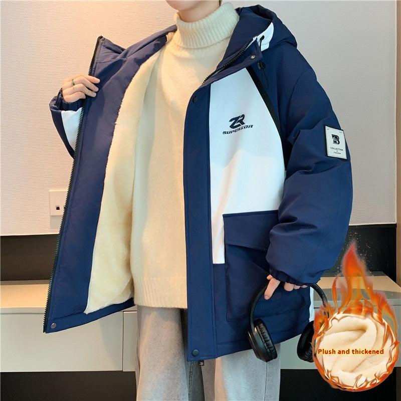 Navy hooded cotton coat jacket with zip front, flap pockets, and chest logo