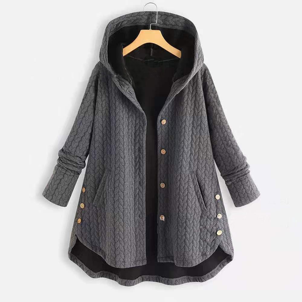 Gray hooded single-breasted cotton jacket with textured knit, front buttons, long sleeves