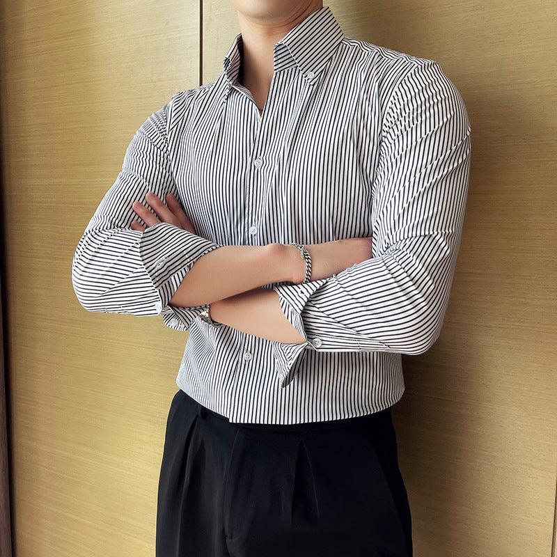 Men's long-sleeve striped shirt, blue-and-white vertical stripes, classic button-up